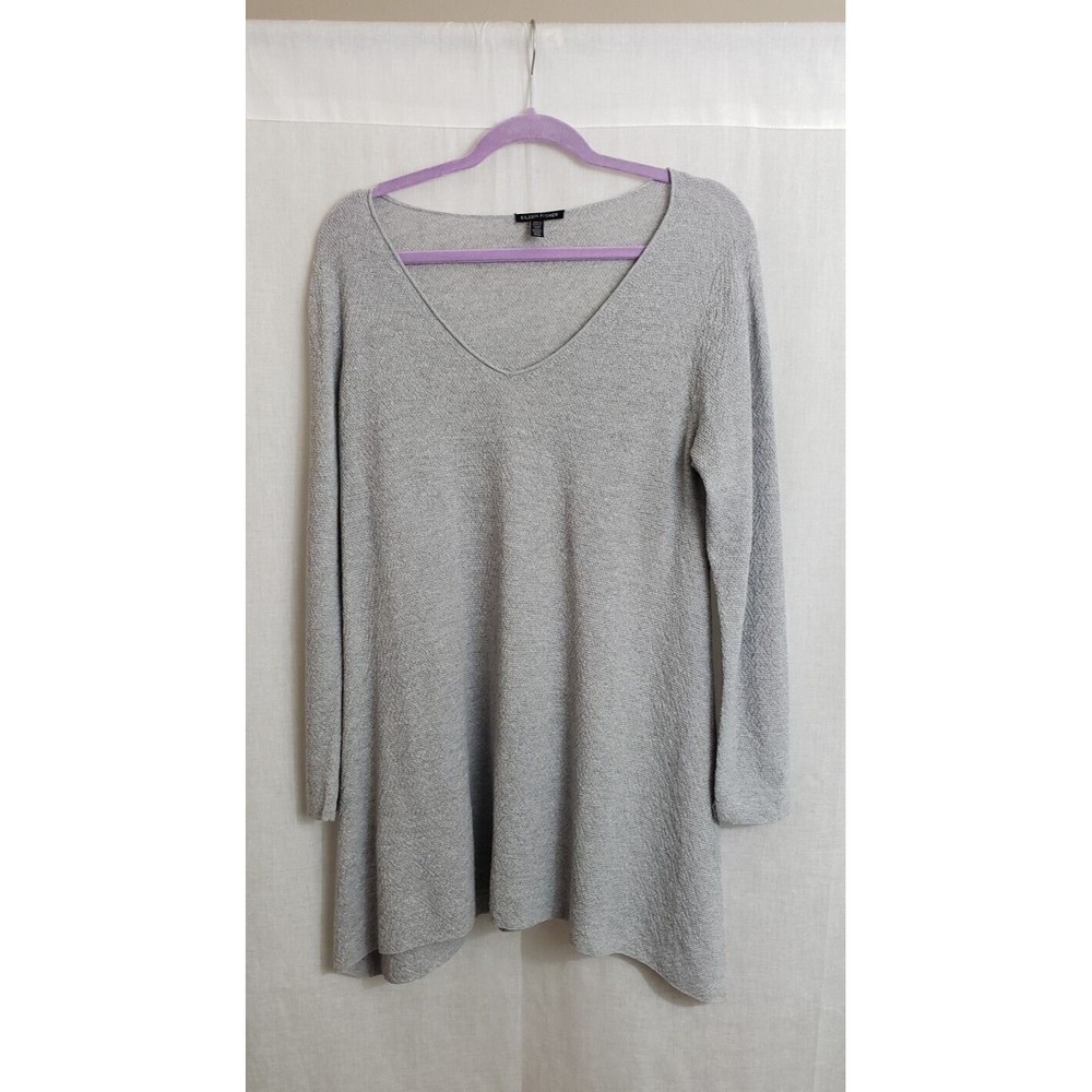 Eileen Fisher Medium Tunic Top Sweater 100% Wool Light Gray V neck Shark Hem NEW
